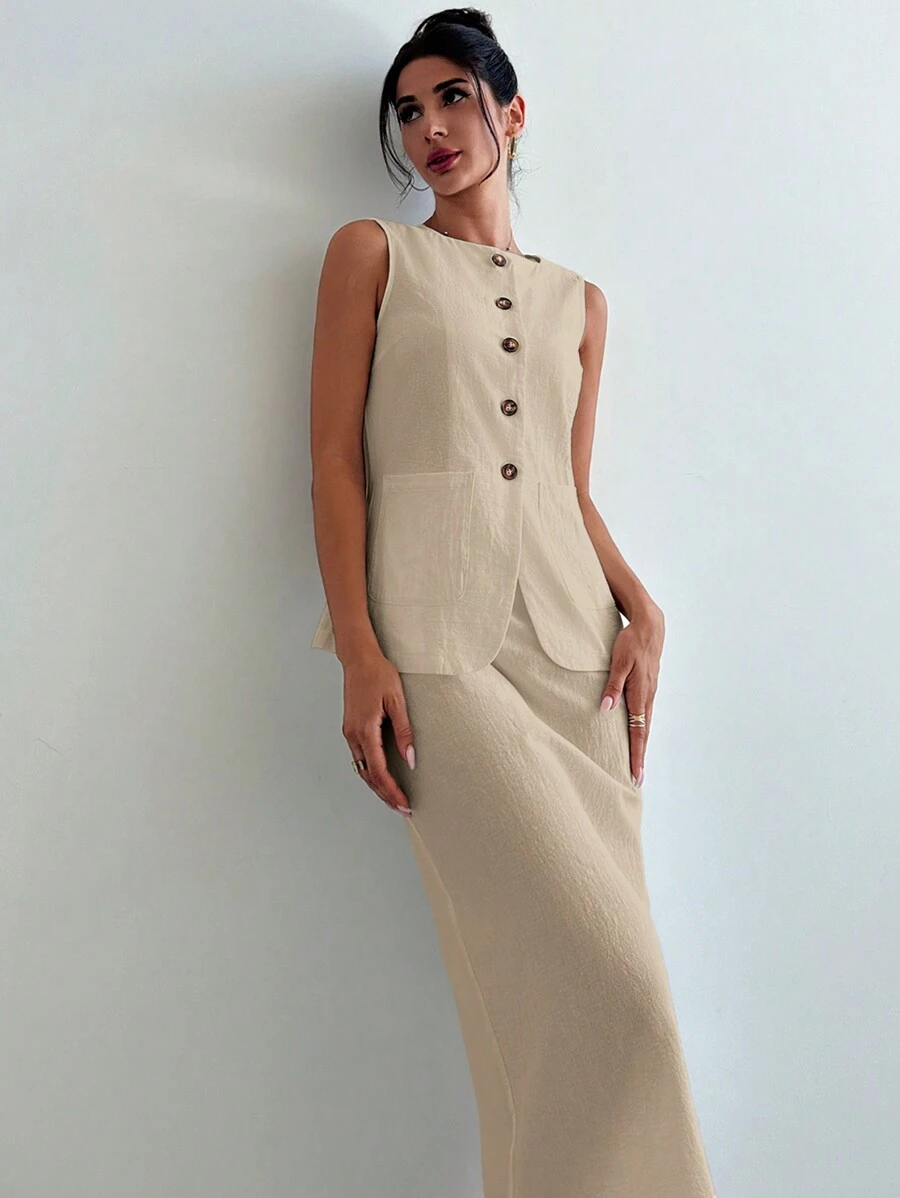 SHEIN Privé Women's Summer Casual Elegant Resort Linen Button Decorated Vest And High Waisted Skirt 2pcs Set - Apricot - View 1