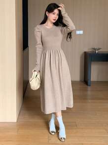 DAZY 女士纯色圆领泡泡袖超长毛衣裙，秋冬，秋季女装