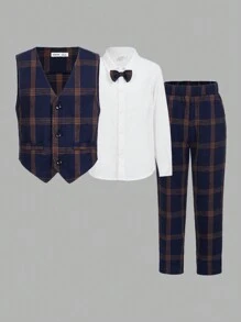 SHEIN 3pcs Kids Tween Boys Extended Size Casual Turn-Down Collar Long Sleeve Solid Color Shirt With Tie, Plaid Vest And Woven Pants Set - Multicolor - View 2