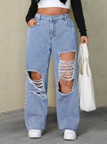 SHEIN ICON Damen Große Größen Boyfriend Jeans in lockerer Passform mit Rissen und Taschen - Helle Waschung - Übersicht 1