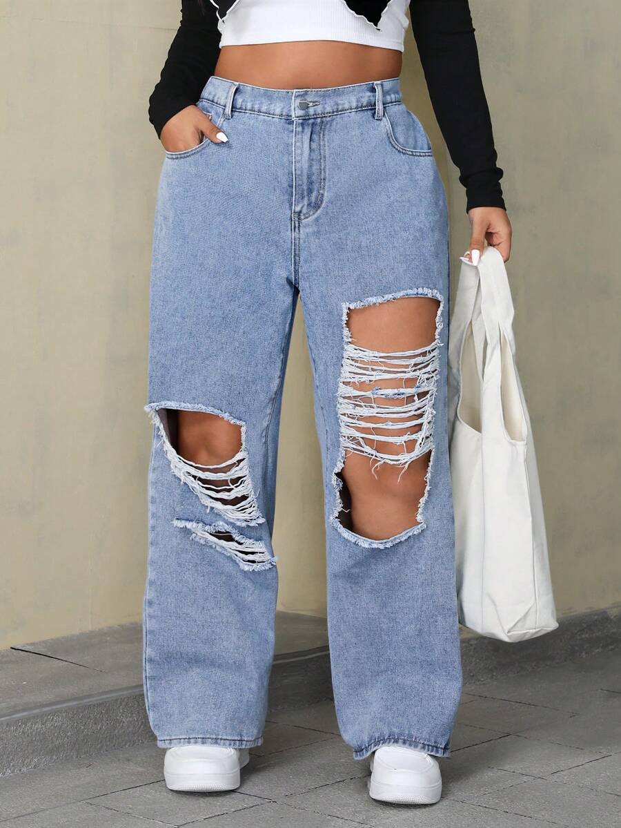 SHEIN ICON Damen Große Größen Boyfriend Jeans in lockerer Passform mit Rissen und Taschen - Helle Waschung - Übersicht 1