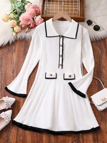 Tween Girl French Luxury Color Block Turtleneck Flare Sleeve Cinched Waist Knit Sweater Dress, Fall/Winter - Black and White - View 1