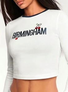 Forever 21 Autumn & Winter New Round Neck Color Block Embroidered Cherry Pattern Fitted All-Match Tee - White - View 6