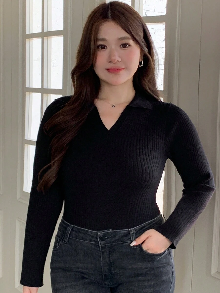 Dazy Petite Plus Plus Size Casual Solid Color Turtleneck Sweater, Spring/Autumn,Fall Women Clothes - Black - View 1