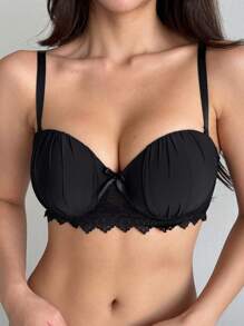 DAZY Pleated Lace Patchwork Underwired Padded Bra , Black - Black - View 3