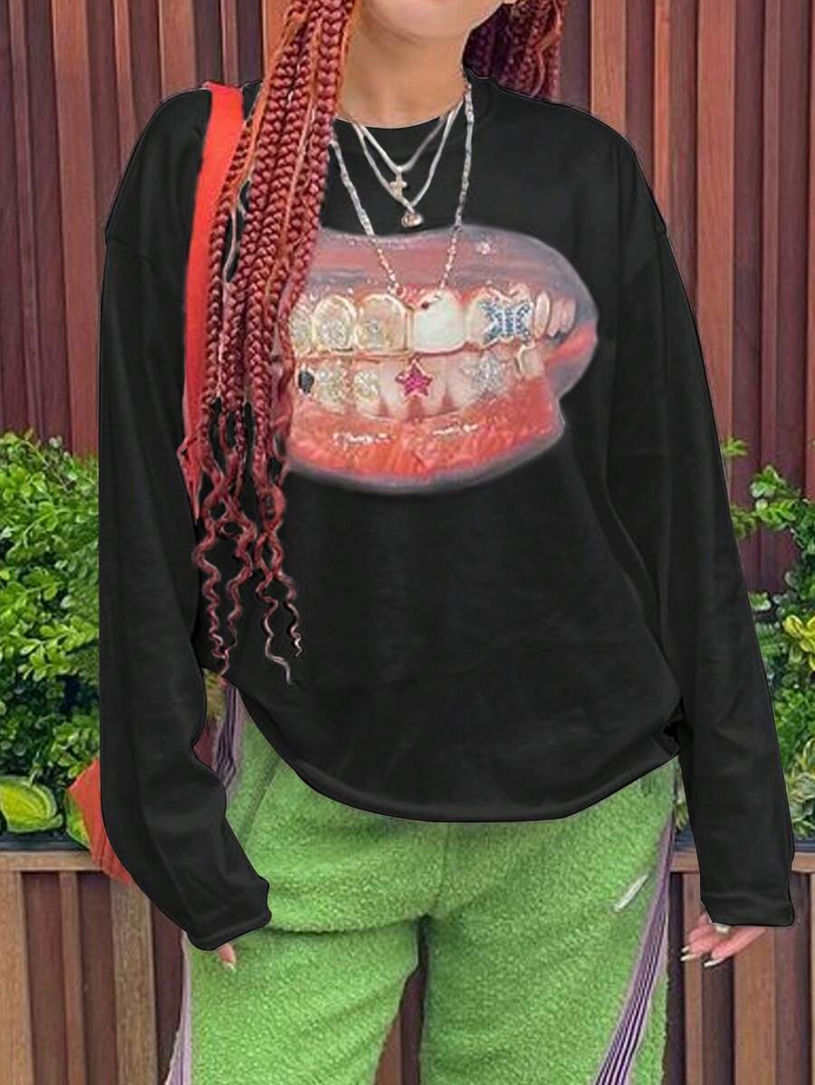 INAWLY 女士休闲唇印超大码黑色长袖 T 恤春夏季图案 T 恤女士上衣春季服装