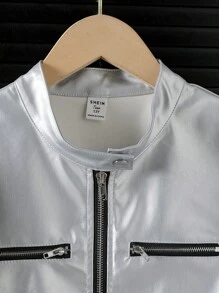 SHEIN 青少年女孩春秋长袖休闲针织 PU 皮革拉链立领夹克 - 銀色 - 查看 4