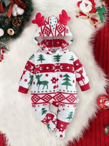 SHEIN Baby Girl Christmas Themed Plush Long Sleeve Footed Jumpsuit Home Outfit Set