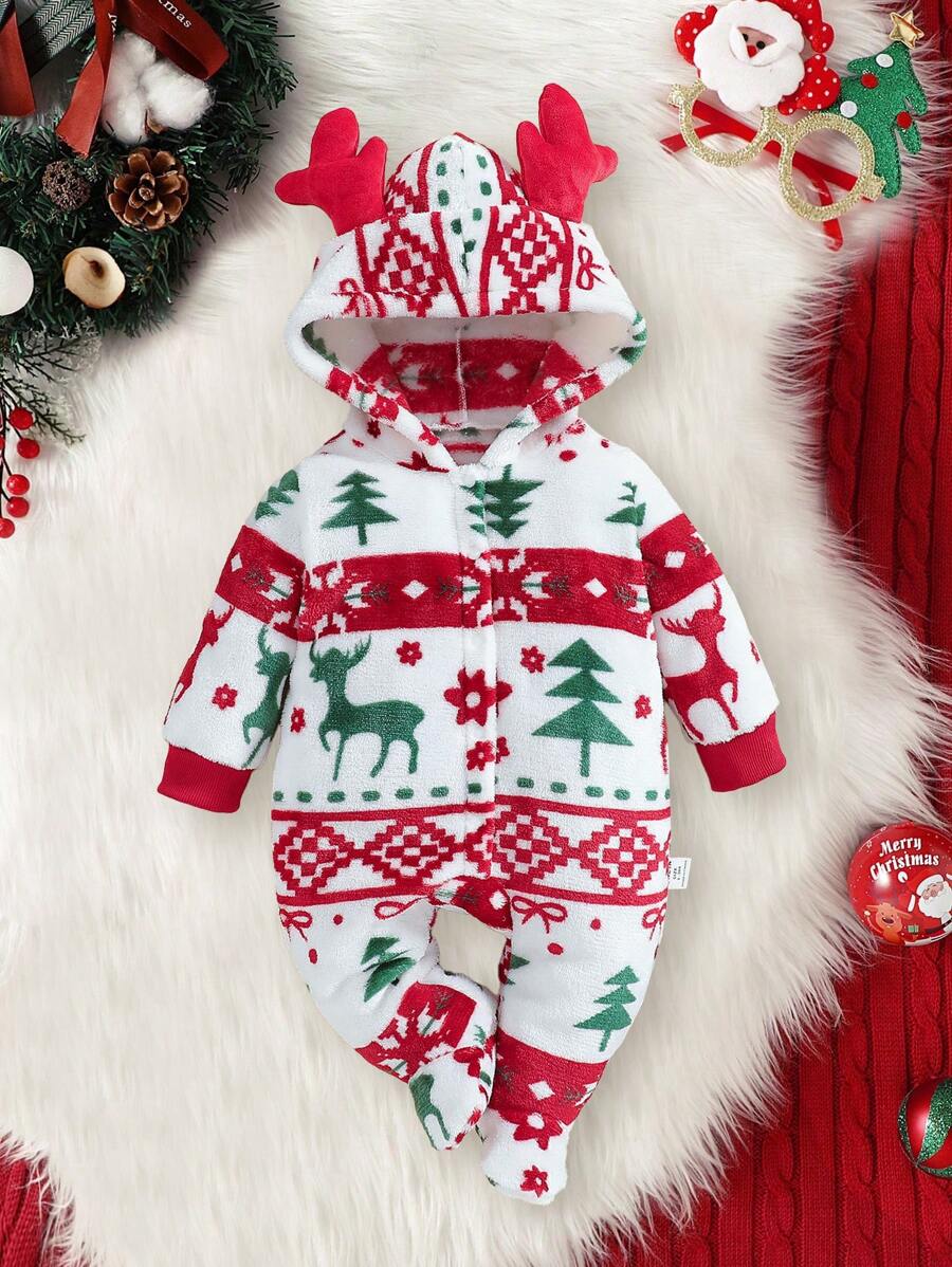 SHEIN Baby Girl Christmas Themed Plush Long Sleeve Footed Jumpsuit Home Outfit Set