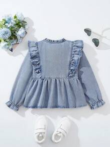 SHEIN Young Girl Blue Denim Ruffled Collar Floral Button Long Sleeve Blouse