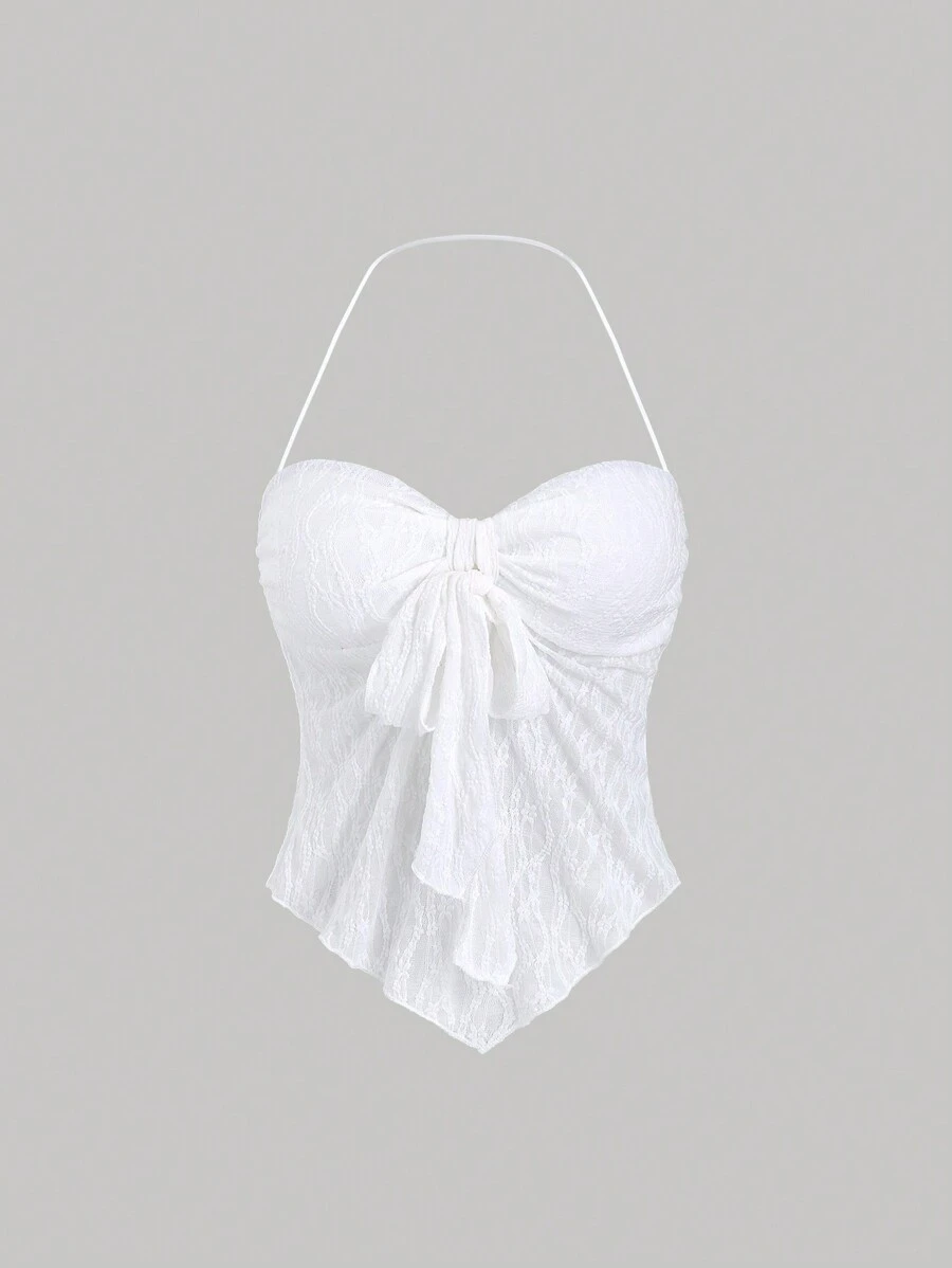 Sweetra 1 chiếc áo hai dây cổ yếm buộc dây phía trước màu trơn thanh lịch dành cho nữ mùa hè phong cách Y2K, thích hợp cho các bữa tiệc ngày lễ. - trắng - Xem 1