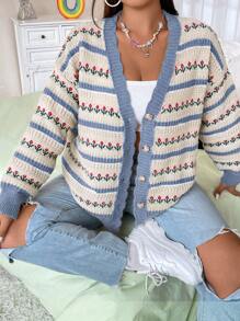 Flirla 大码时尚拼色提花针织开衫，适合冬季 - 霧霾藍 - 查看 6