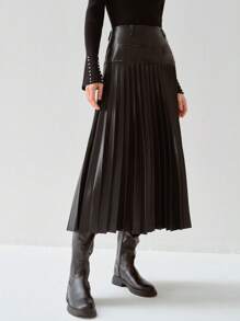 Enchnt 春夏浪漫法式黑色百褶PU半身裙，甜美优雅，适合日常休闲穿着、工作装、下午茶、浪漫约会、假日、毕业典礼、日常通勤、度假、音乐会等场合。 - 黑色 - 查看 9