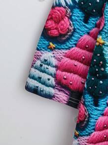 Plus Size Women's Spring Autumn Christmas Tree Print Long Sleeve Open Front Casual Jacket - Multicolor - View 3