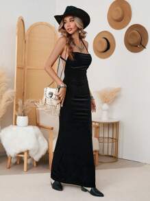 SHEIN VCAY Women's Black Spaghetti Strap Cross-Back Design Fitted Dress,Elegant Summer Evening Outfits,Long Clothes,Fall Elegant Style Dress - Black - View 4