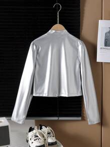 SHEIN 青少年女孩春秋长袖休闲针织 PU 皮革拉链立领夹克 - 銀色 - 查看 2