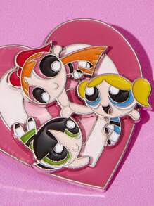 THE POWERPUFF GIRLS X SHEIN Cartoon Heart Shaped Pink Alloy Enamel Pin, 360° Rotatable, Fun & Cute