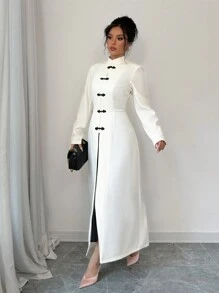Chiquease 女式长袖翻领纽扣装饰长款开衫，春秋季 - 白色 - 查看 3