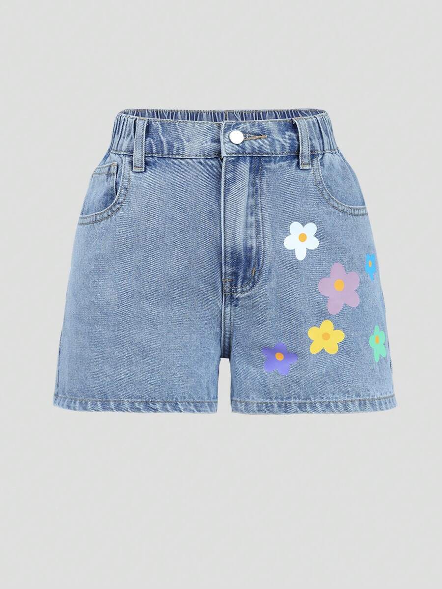 SHEIN Explorewe Quần short denim ống rộng 5 túi, thiết yếu quanh năm, thời trang denim đa năng, phong cách học thuật, mặc đi chơi, dạo phố hiện đại, mặc đi nghỉ dưỡng, thường ngày, giặt bằng enzyme, màu Dopamine, họa tiết hoa - Rửa nhẹ - Xem 1