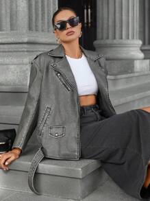 Aveloria Chaqueta de poliuretano desgastada y oversize para mujer, abrigo cortoviento suelto de estilo de motocicleta, otoño
