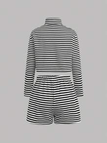 SHEIN 2 件套少女针织条纹领口运动衫和宽松短裤套装 - 黑與白 - 查看 2