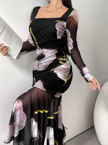 Modelyn 女士花卉印花方领长袖网眼连衣裙超长款女士装长款晚礼服