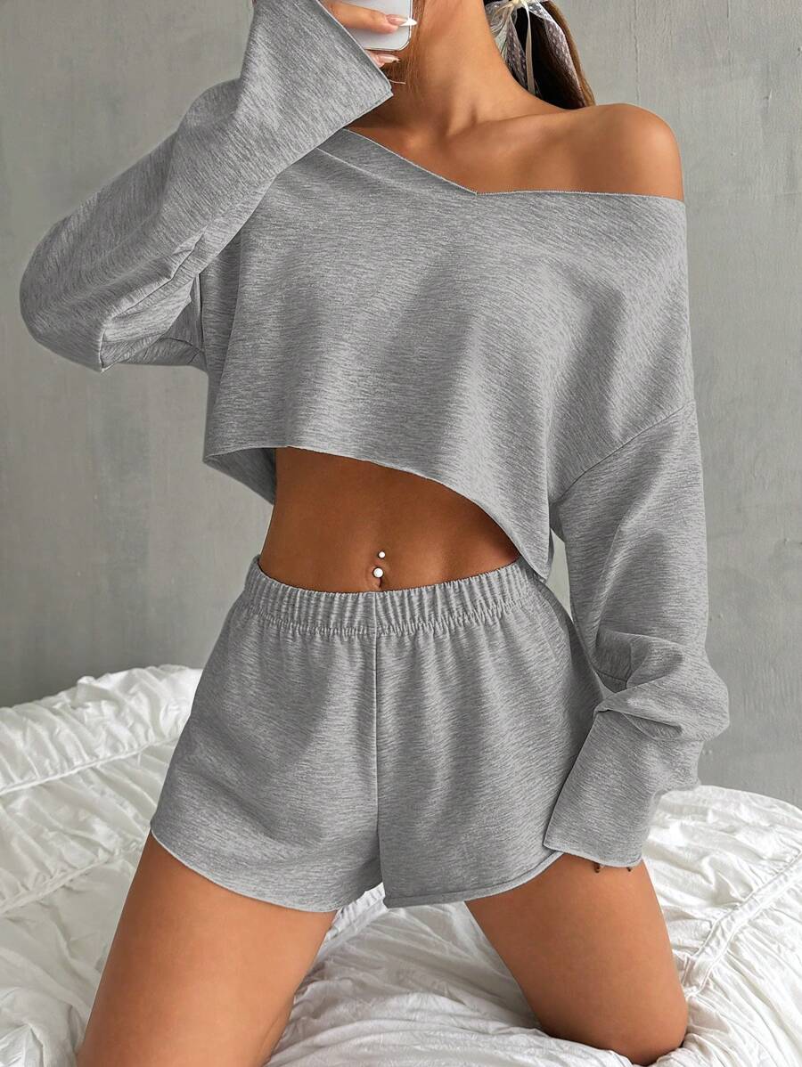 SHEIN EZwear 2 件套女士纯色落肩长袖短款上衣和短裤套装，春夏 - 灰色 - 查看 1