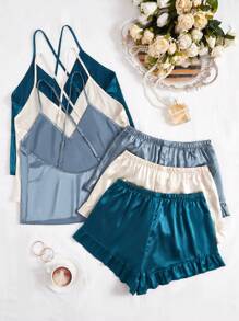 SilkySpell 3pcs Solid Color Silky Imitated Silk Backless Sexy Cami Top & Shorts Sleepwear Set - Multicolor - View 2