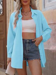 EMERY ROSE Women's Solid Long Sleeve Loose Casual Office Blouse, Spring & Summer Women Shirt - Baby Blue - View 6