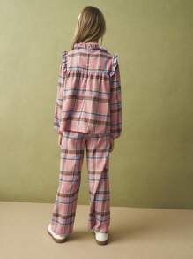 SHEIN Tween Girls Cute Plaid Woven Flare Hem Straight Leg Casual Palazzo Pants, Back To School Festive Delight - Multicolor - View 7