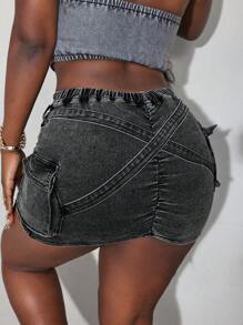 SHEIN Slayr Váy mini xếp nếp màu trơn chữ V - Màu xám đen - Xem 2