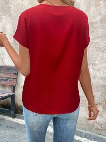 EMERY ROSE 女式 V 领短袖蝙蝠翼刺绣休闲衬衫新年衣服 - 紅色 - 查看 2