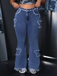 SHEIN ICON Quần Jeans Denim Xòe Túi Rách Cỡ Lớn Cho Nữ - Màu xanh lam - Xem 5