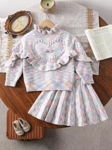 2 件套少女渐变色荷叶边下摆毛衣和百褶裙套装，2024 年秋冬新品 - 彩色 - 查看 1