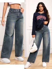 SHEIN PETITE 休闲洗水直筒牛仔裤 - 深色水洗藍 - 查看 2