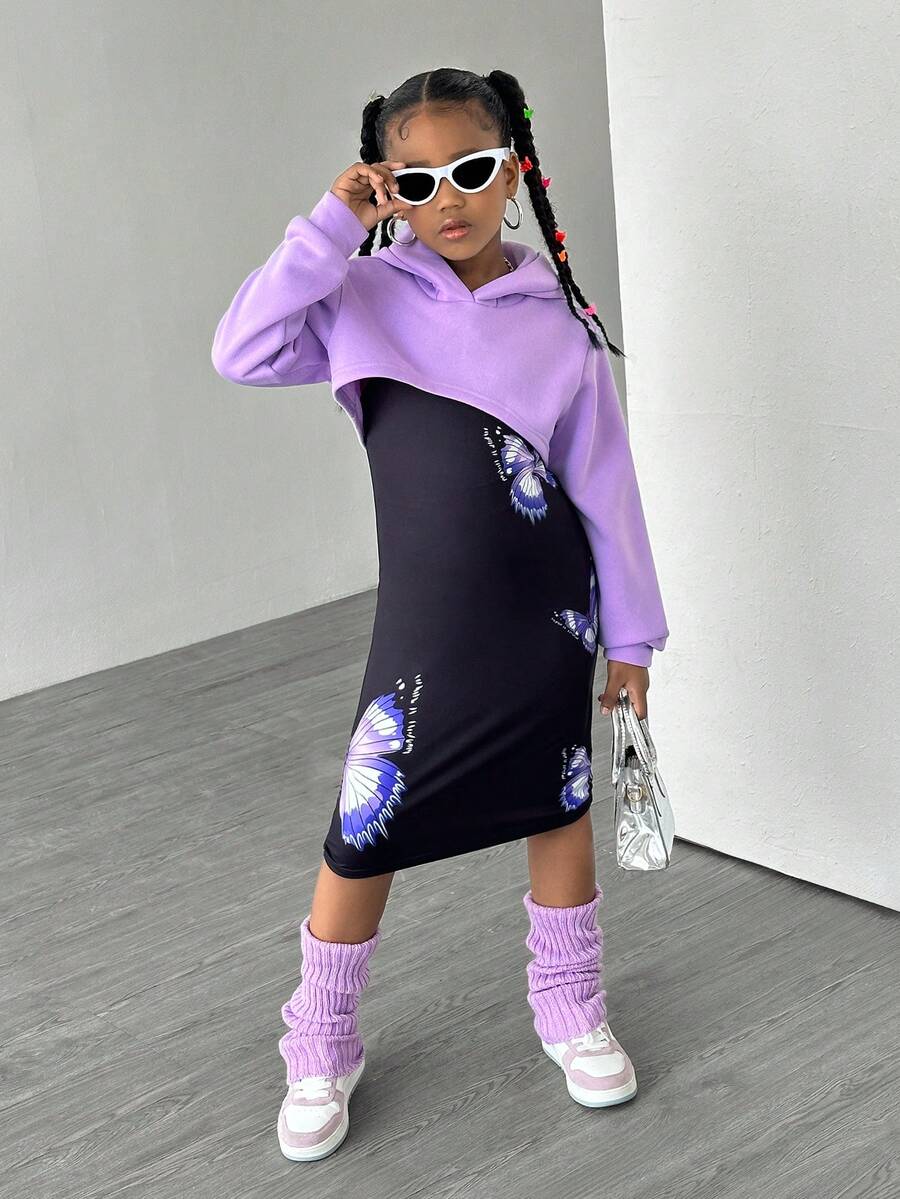 2 件套女童休闲搭配字母印花连帽运动衫和蝴蝶图案 A 字裙，适合日常穿着 - 粉色 - 查看 1