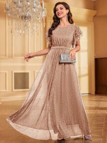 SHEIN Belle Elegante y glamuroso vestido largo de lentejuelas de mujer con cuello redondo, manga corta de volante - Rosa vieja - Ver 7