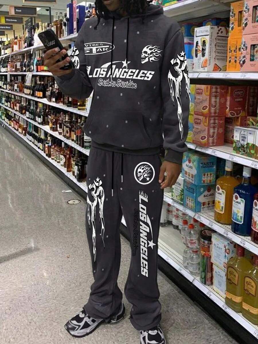 Manfinity Roghcode Men's Simple Print Hoodie & Pants 2 Pieces Set, Men 2 Piece Set Sweats, Men 2 Piece Set Graphic, Men Streetwear Sets - Dark Grey - View 1