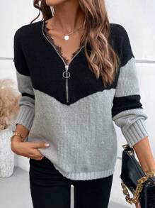 SHEIN LUNE Fashionable New Zip-Up Knitted Sweater, European And American Design Sense, Lace Patchwork, Casual Versatile Pullover