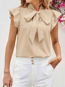 SHEIN Clasi 女式夏季休闲蝴蝶结盖袖黄色衬衫 - 杏色 - 查看 6