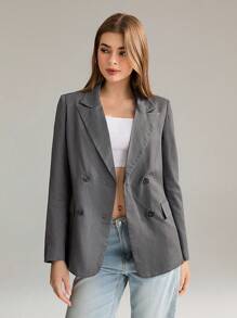 SHEIN Unity Blazer Wanita Longgar dengan Kerah Lapel, Kancing Ganda, Saku Lipat, dan Bantalan Bahu untuk Musim Gugur. - Grey - View 6