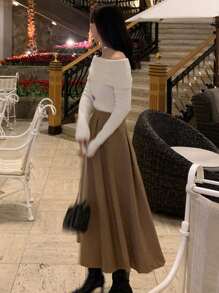 DAZY Women's Casual Plain Off-Shoulder Sweater, Spring & Autumn,Long Sleeve Tops,Fall Women Clothes - Beige - View 7