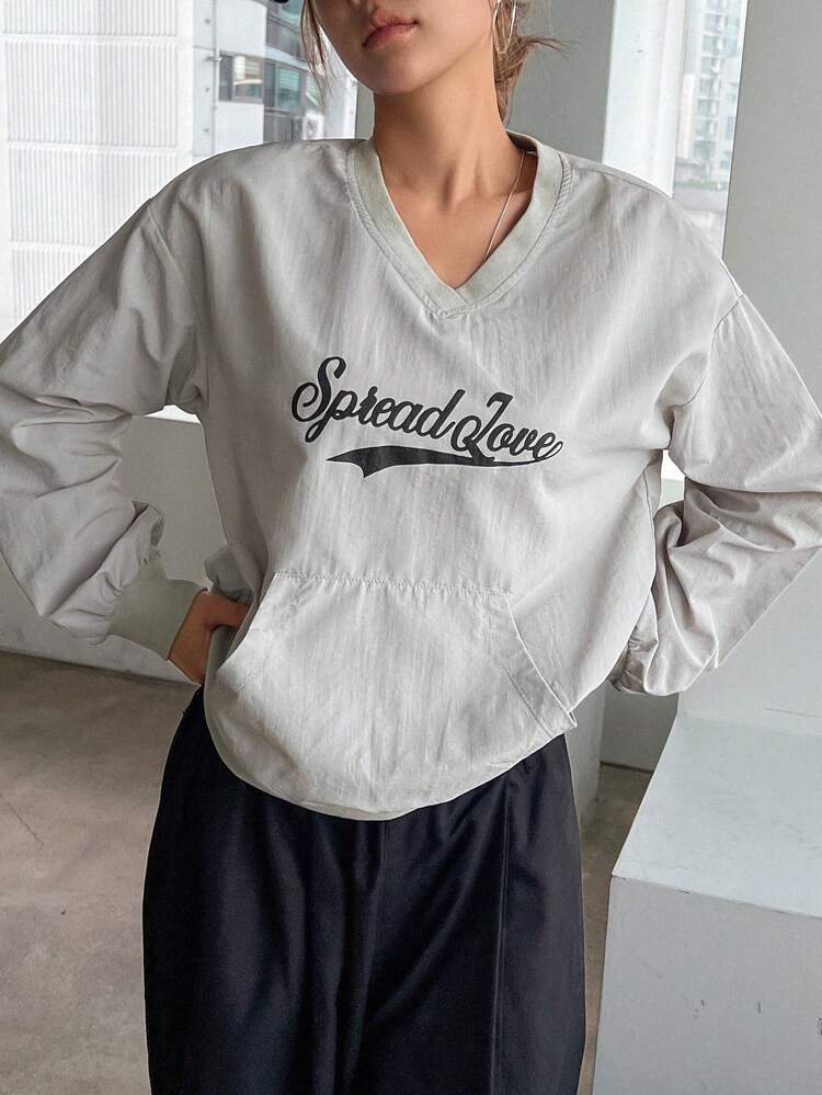 Relaxed Fit Letter Print Long Sleeve Pocket Sweatshirt For Women,Fall Clothes