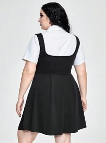 ROMWE Academia Plus Size Cat Embroidery Patchwork Shirt Dress, 2-Piece Look - Black and White - View 4