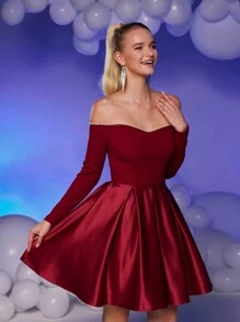 SHEIN Belle Burgundy Red Elegant Luxurious Burgundy Red Off-Shoulder Gown With Embellished Pearl Neckline, Knitted Bodice & Satin Flared Dress, Suitable For Weddings, Parties, Graduation, Prom