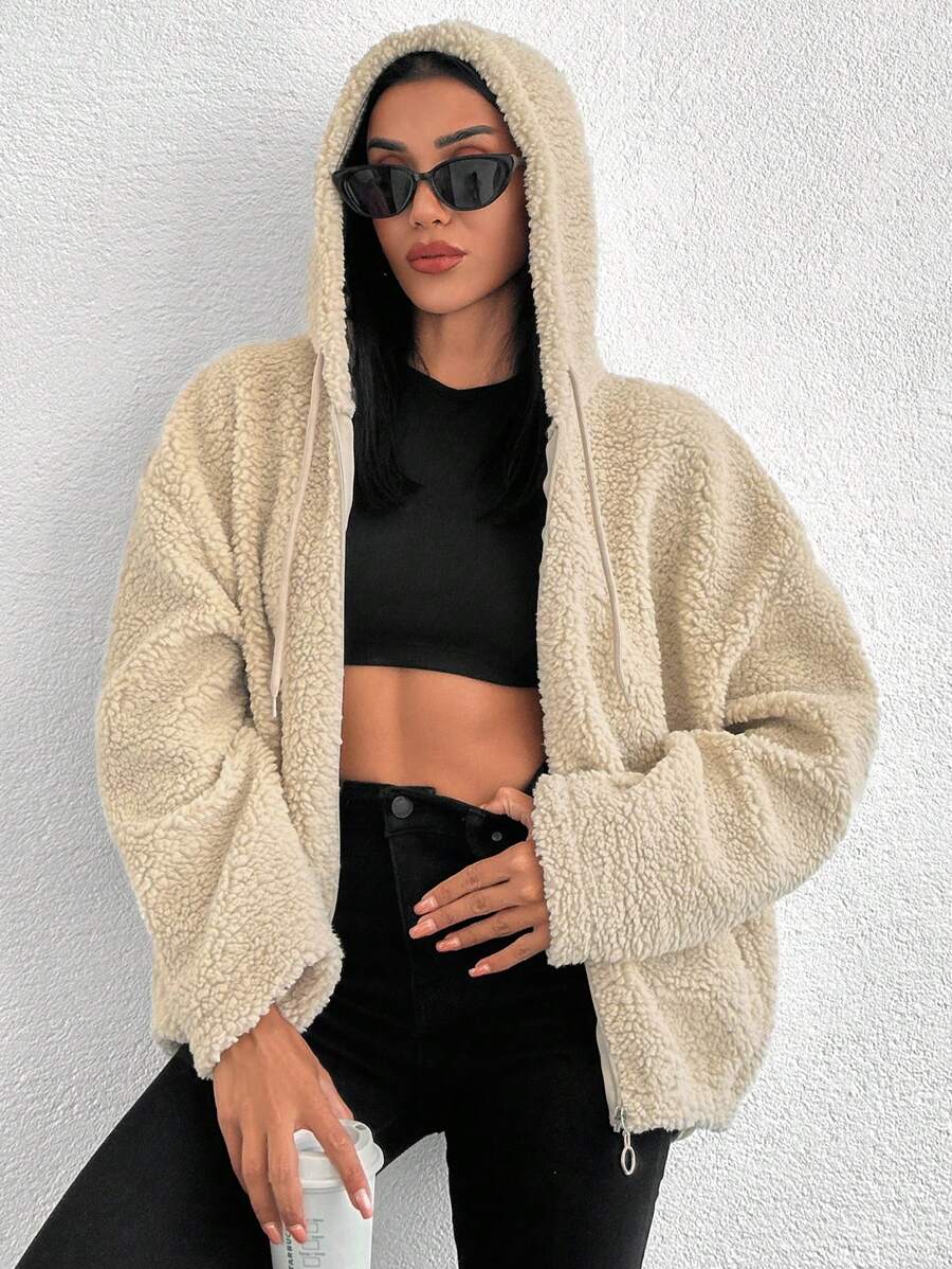 EURMUSE Zip Up Drop Shoulder Hooded Teddy Jacket - Apricot - View 1