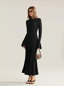 SHEIN Unity Đầm dài tay có cổ đứng hở lưng dành cho nữ - màu đen - Xem 5