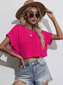 SHEIN Unity 蝙蝠袖口袋貼布短款T恤 - 玫紅色 - 查看 6