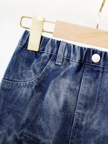 SHEIN Baby Girls' Cute Furry Patchwork Washed Denim Set, For Autumn & Spring, Halloween Theme - Dark Wash - View 6