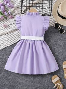 SHEIN Váy thường ngày bèo nhún và nơ màu tím cho bé gái, phù hợp cho bé từ 4-7 tuổi, thời trang cổ điển cho hoạt động ngoài trời, tiệc tùng, du lịch - Màu tím - Xem 2
